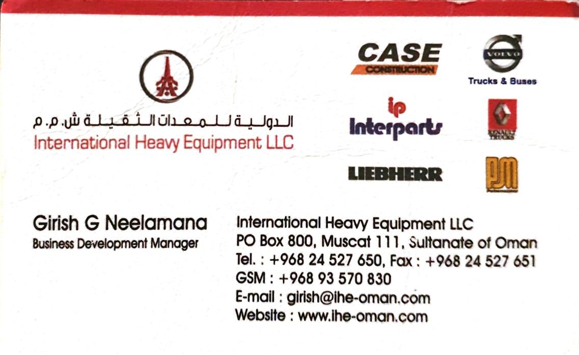 International Heavy Equipment business card from Girish Neelamana's career