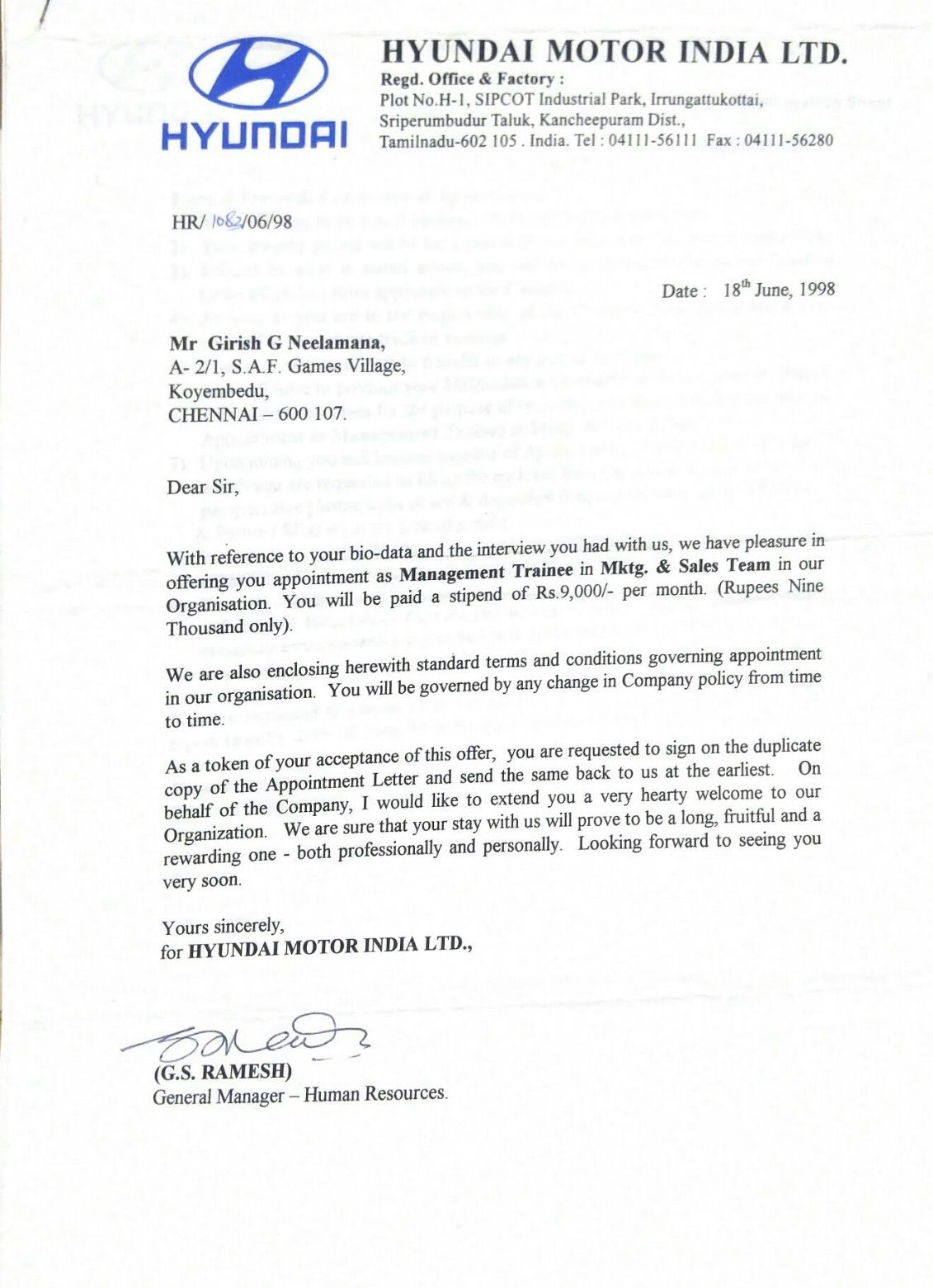 Girish Neelamana's first appointment letter from Hyundai Motor India dated 18 June 1998
