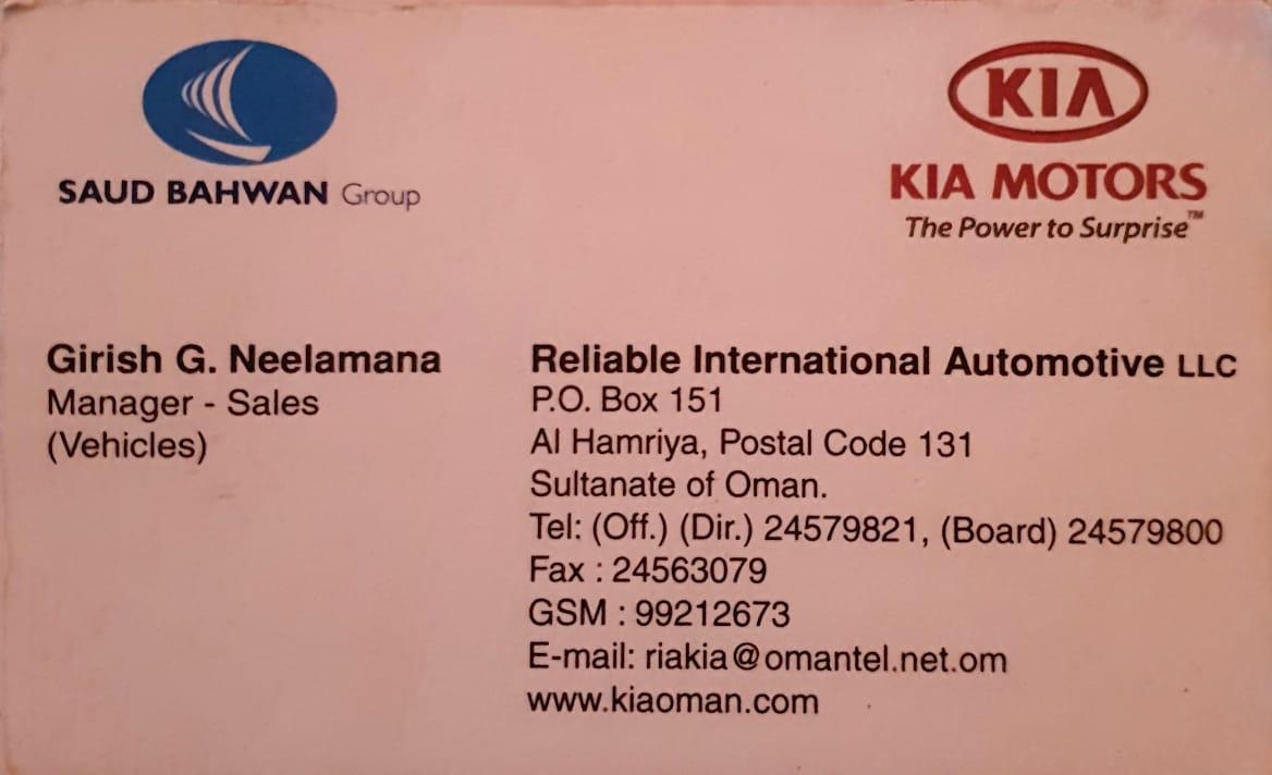 Kia Motors business card from Girish Neelamana's career