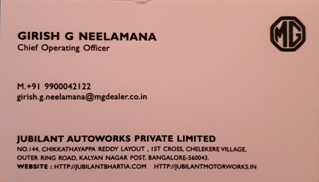 MG Motor business card from Girish Neelamana's career
