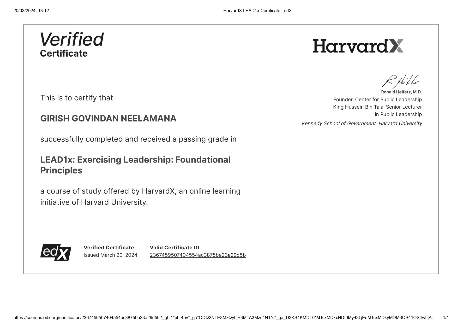 Exercising Leadership: Foundational Principles certificate
