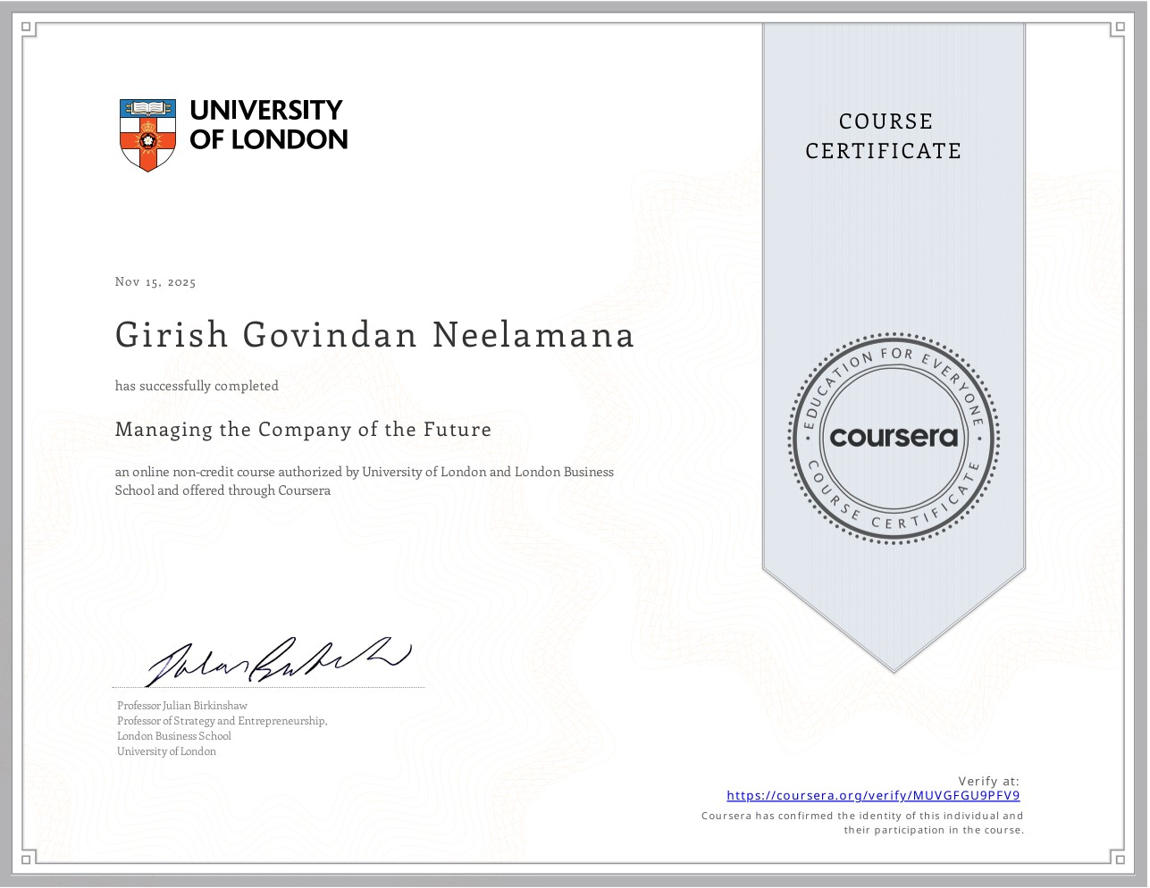 Managing the Company of the Future certificate