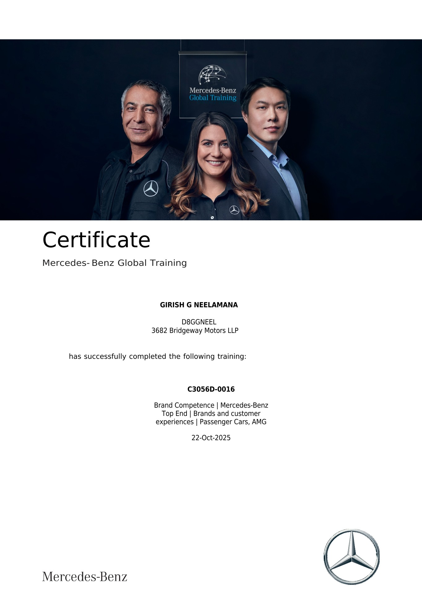 Mercedes-Benz Global Training certificate